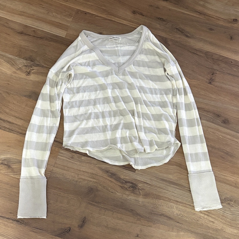 Free People Cream and White Striped Long Sleeve Top